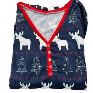 Navy Blue Christmas Moose & Tree Pajama Set Large Button V-Neck Long Sleeve
